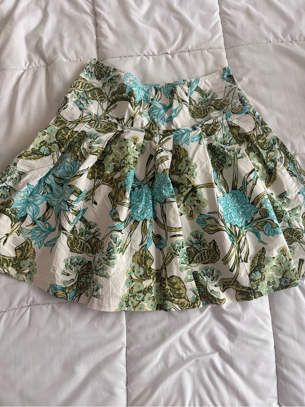 LOFT White Floral Skater Skirt with Teal & Olive Accents